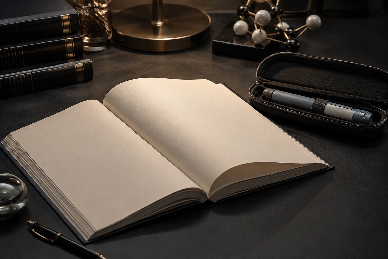 Livro educativo aberto sobre mesa escura, acompanhado de estojo médico sem marca.